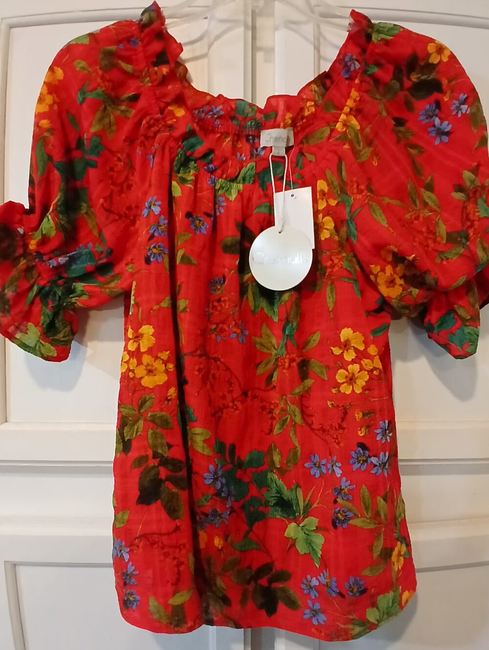 NWT - Chenault red floral peplum ruffle blouse in a boho peasant style S